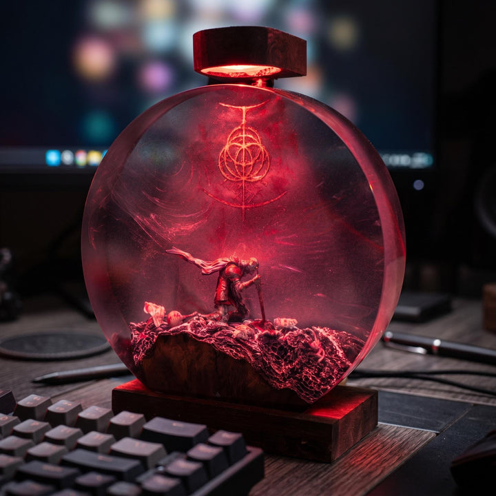 Elden Ring Resin Lamp – Tarnished Kneeling Warrior Rune Epoxy Night Light, Handmade Wood LED Art, Dark Fantasy Soulslike Gaming Gift For Him