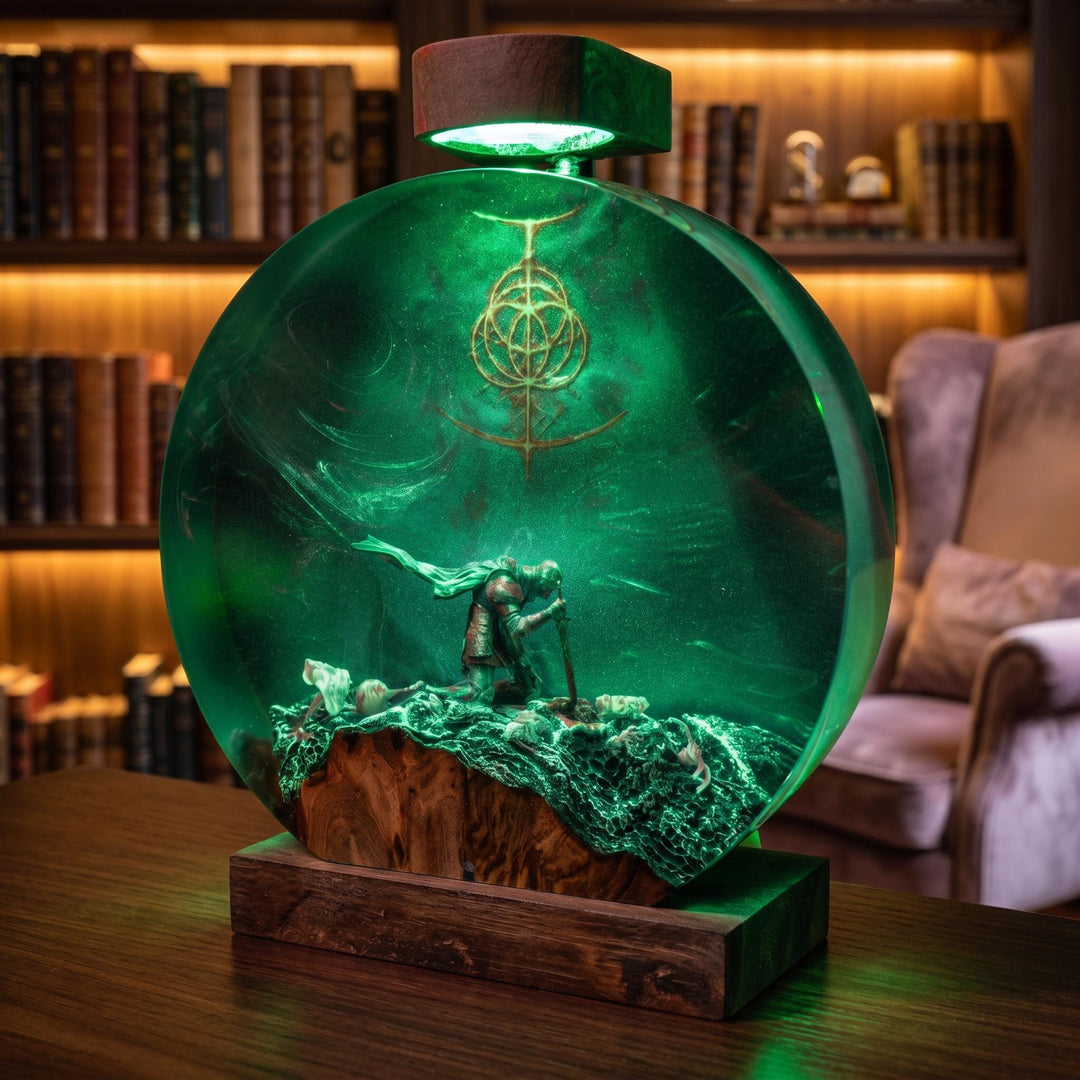 Elden Ring Resin Lamp – Tarnished Kneeling Warrior Rune Epoxy Night Light, Handmade Wood LED Art, Dark Fantasy Soulslike Gaming Gift For Him