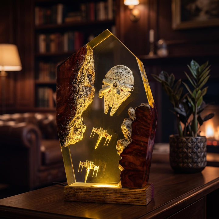 Millennium Falcon &amp;amp; X-Wing Resin Lamp – Star Wars Space Battle Epoxy Night Light, Handmade Wood LED Art, Sci-Fi Gaming Gift For Him