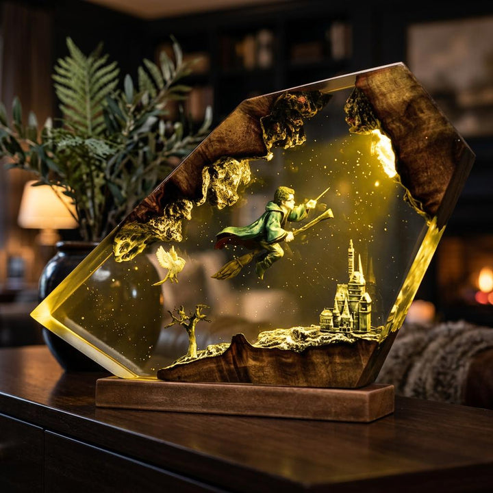 Harry Potter Resin Lamp – Hogwarts Wizard Broomstick Epoxy Night Light, Magic Castle Handmade Wood LED Art, Quidditch Gift For Him