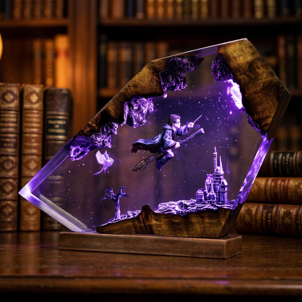 Harry Potter Resin Lamp – Hogwarts Wizard Broomstick Epoxy Night Light, Magic Castle Handmade Wood LED Art, Quidditch Gift For Him
