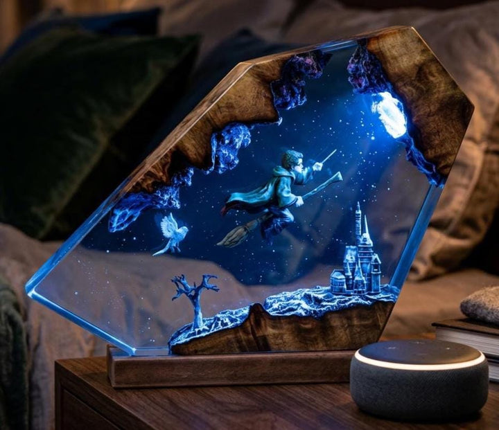 Harry Potter Resin Lamp – Hogwarts Wizard Broomstick Epoxy Night Light, Magic Castle Handmade Wood LED Art, Quidditch Gift For Him