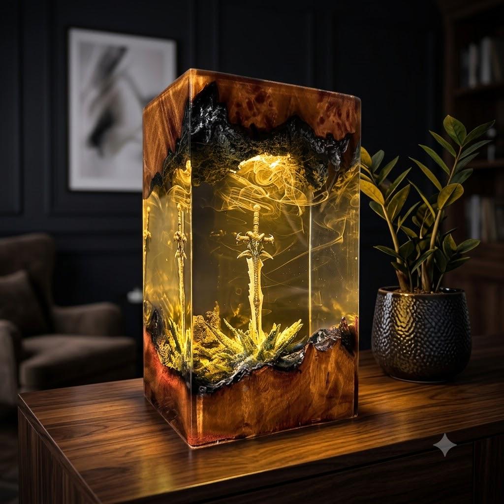 Legendary Fantasy Sword Resin Lamp – Enchanted Mystic Blade Epoxy Night Light, Handmade Wood LED Art, Fantasy RPG Epic Gaming Gift For Him
