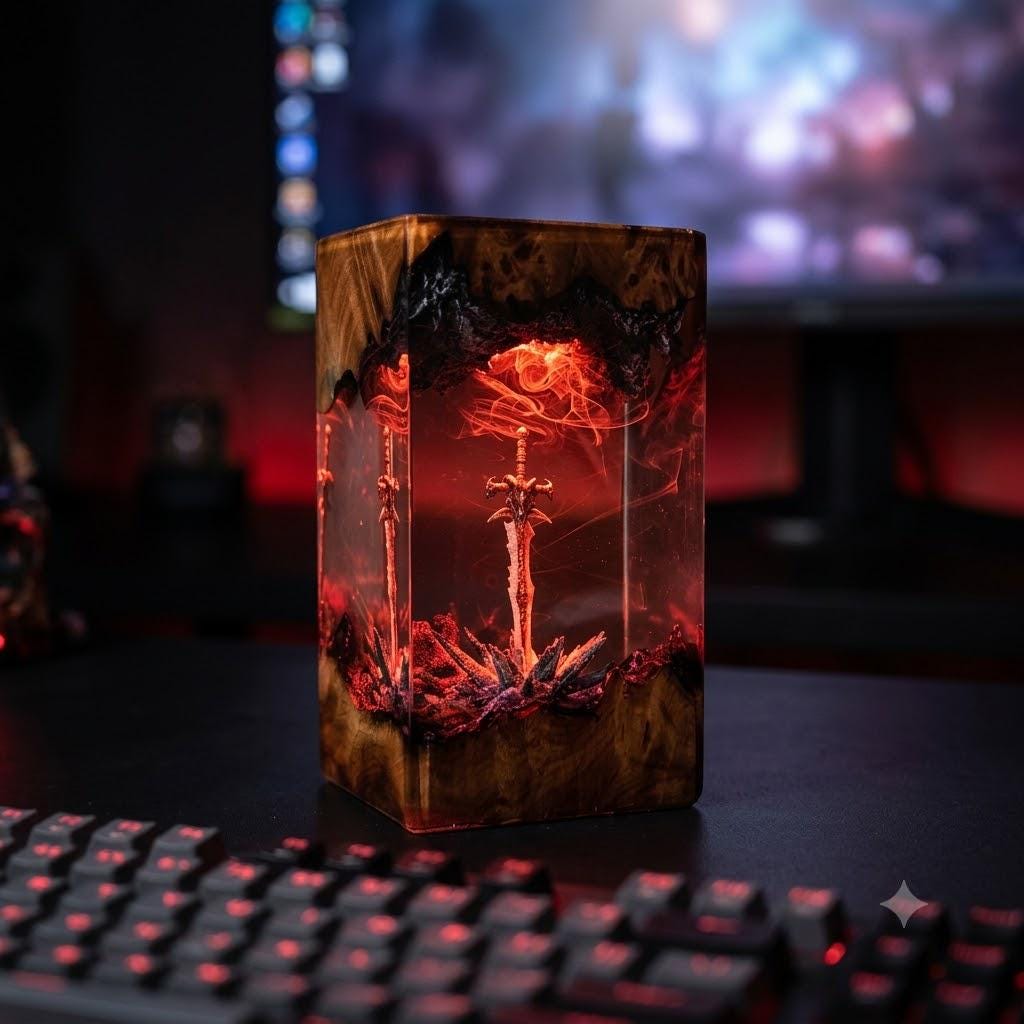 Legendary Fantasy Sword Resin Lamp – Enchanted Mystic Blade Epoxy Night Light, Handmade Wood LED Art, Fantasy RPG Epic Gaming Gift For Him