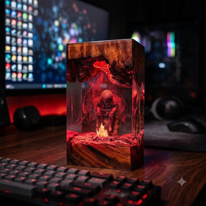 Dark Souls &amp;amp; Elden Ring Bonfire Resin Lamp – FromSoftware Warrior Campfire Epoxy Night Light Tower, Handmade Wood Resin Art, RPG Gift