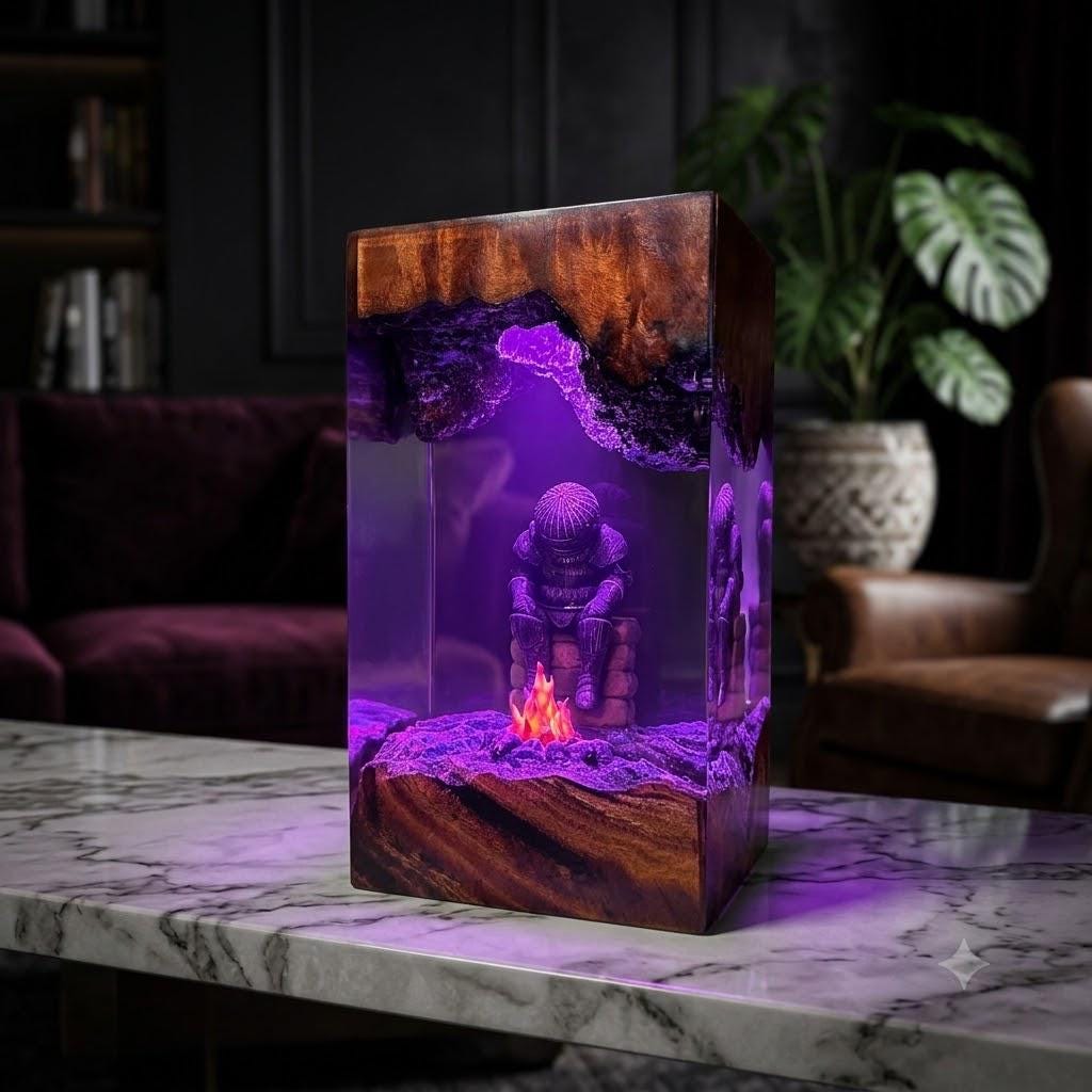 Dark Souls &amp;amp; Elden Ring Bonfire Resin Lamp – FromSoftware Warrior Campfire Epoxy Night Light Tower, Handmade Wood Resin Art, RPG Gift
