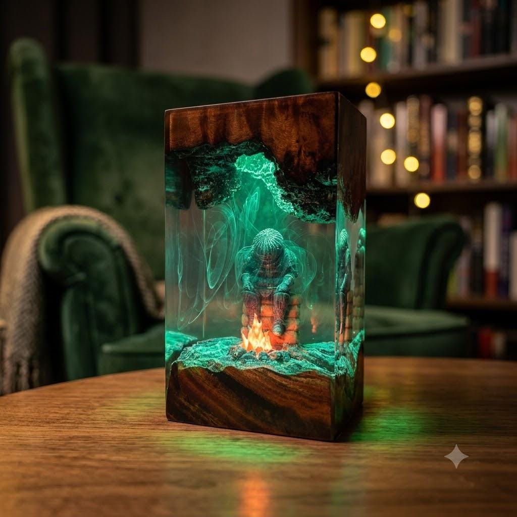 Dark Souls &amp;amp; Elden Ring Bonfire Resin Lamp – FromSoftware Warrior Campfire Epoxy Night Light Tower, Handmade Wood Resin Art, RPG Gift