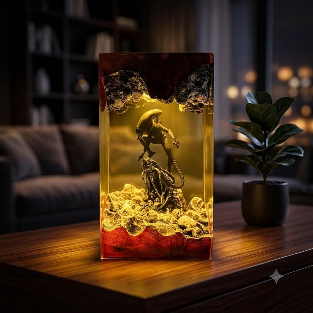 Alien Xenomorph Resin Lamp – Horror Sci-Fi Skull Cave Epoxy Night Light Tower, Handmade Wood Resin Art, Horror Gift For Him