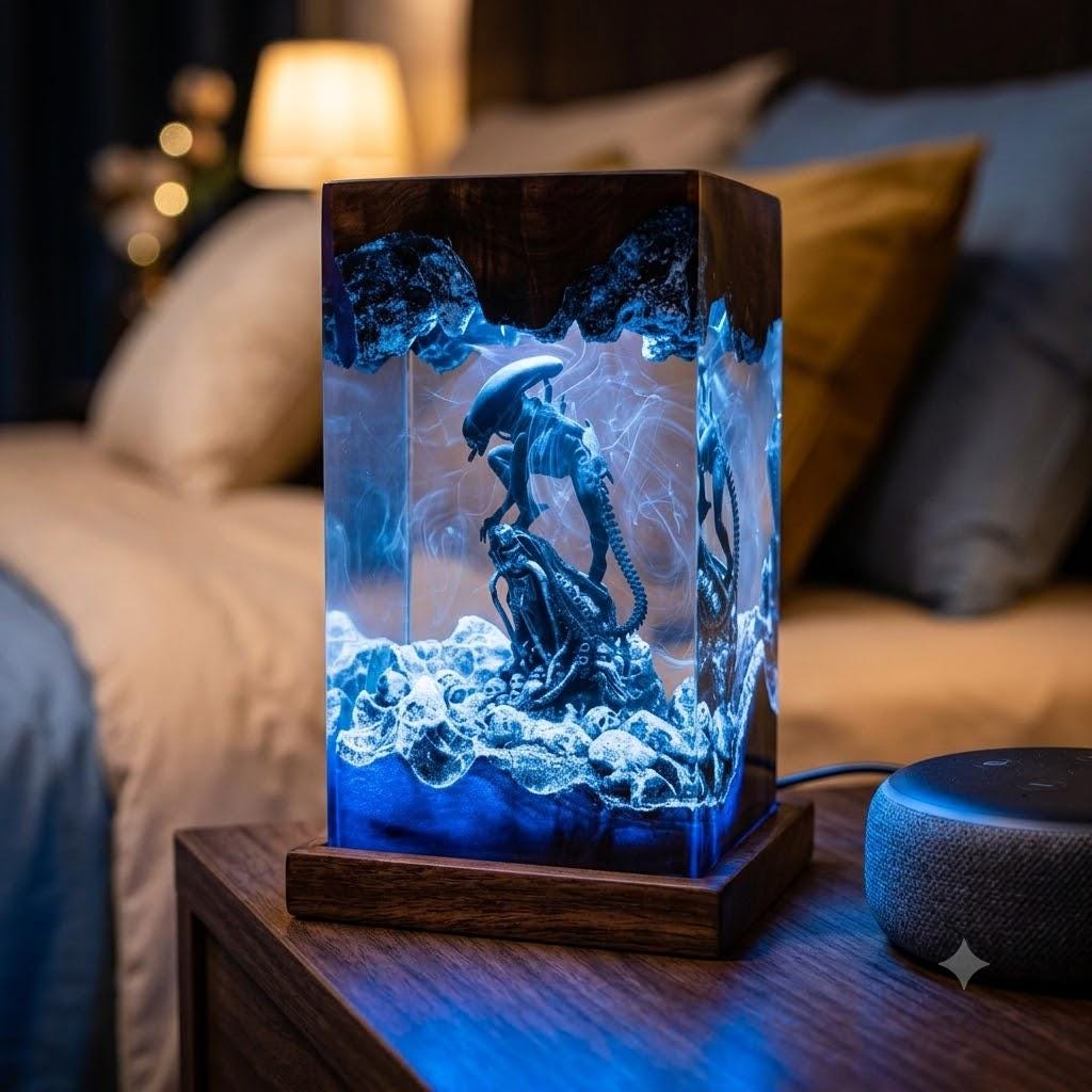 Alien Xenomorph Resin Lamp – Horror Sci-Fi Skull Cave Epoxy Night Light Tower, Handmade Wood Resin Art, Horror Gift For Him