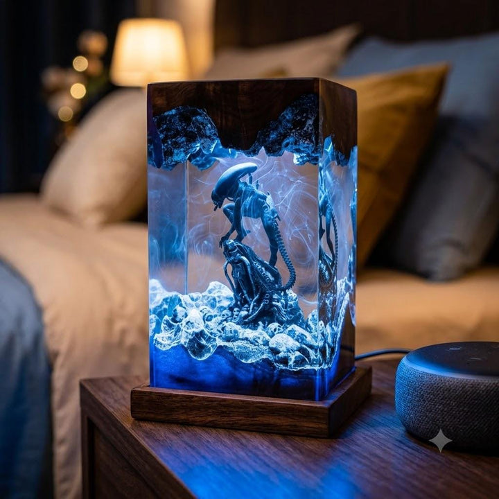 Alien Xenomorph Resin Lamp – Horror Sci-Fi Skull Cave Epoxy Night Light Tower, Handmade Wood Resin Art, Horror Gift For Him