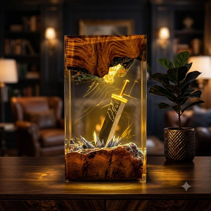 Buster Sword Cloud Resin Lamp – Final Fantasy VII RPG Epoxy Night Light Tower, Handmade Wood Resin Art, JRPG Gamer Gift