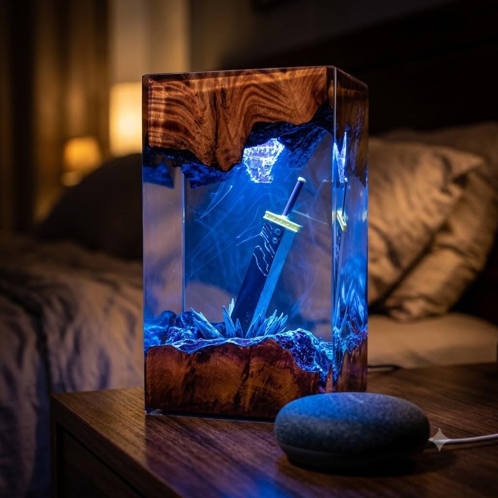 Buster Sword Cloud Resin Lamp – Final Fantasy VII RPG Epoxy Night Light Tower, Handmade Wood Resin Art, JRPG Gamer Gift
