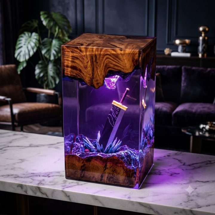 Buster Sword Cloud Resin Lamp – Final Fantasy VII RPG Epoxy Night Light Tower, Handmade Wood Resin Art, JRPG Gamer Gift