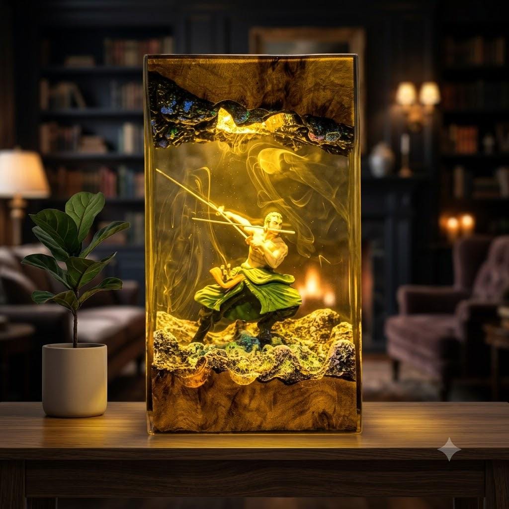 Zoro Three Sword Style Resin Lamp – One Piece Swordsman Epoxy Night Light, Handmade Wood Resin Art, Anime Manga Gift For Him