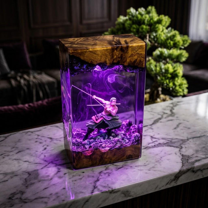 Zoro Three Sword Style Resin Lamp – One Piece Swordsman Epoxy Night Light, Handmade Wood Resin Art, Anime Manga Gift For Him