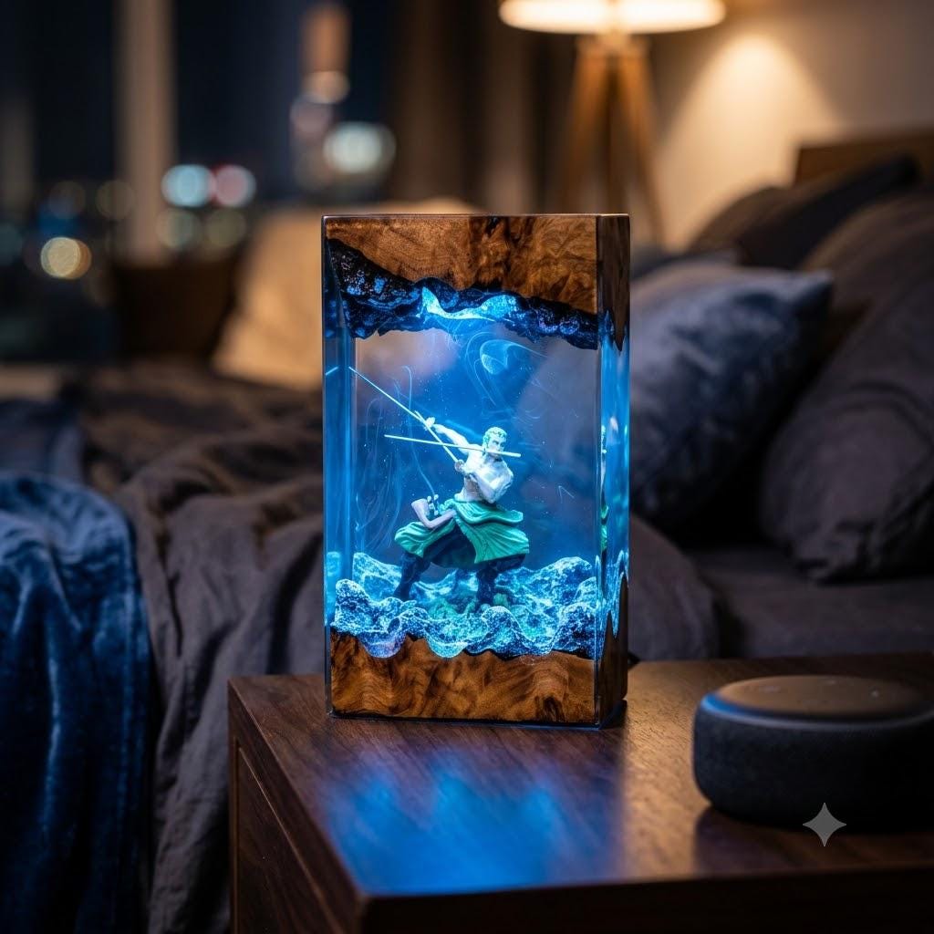 Zoro Three Sword Style Resin Lamp – One Piece Swordsman Epoxy Night Light, Handmade Wood Resin Art, Anime Manga Gift For Him