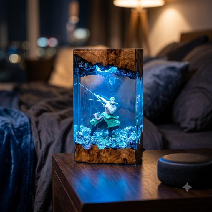 Zoro Three Sword Style Resin Lamp – One Piece Swordsman Epoxy Night Light, Handmade Wood Resin Art, Anime Manga Gift For Him
