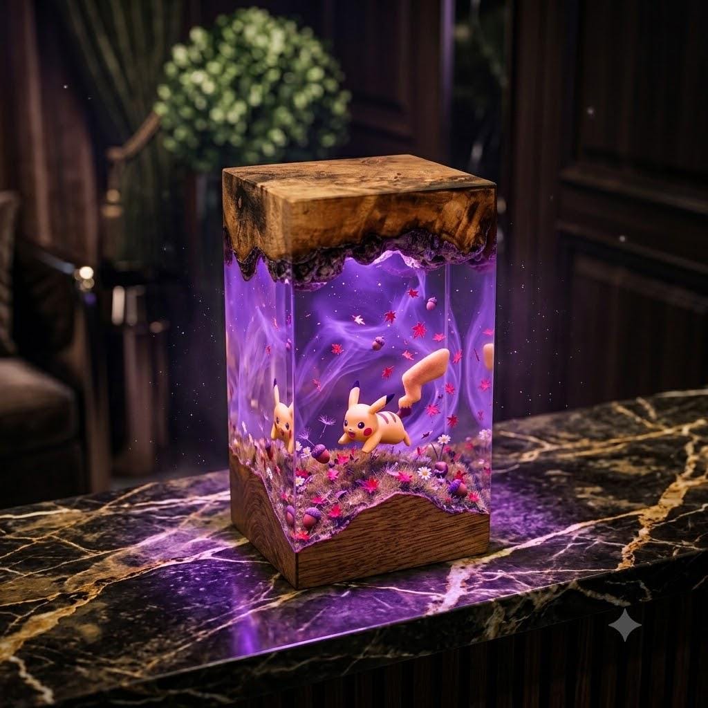 Plkachu Autumn Forest Resin Lamp – P0kemon Cute Electric Epoxy Night Light Tower, Handmade Wood Resin Art, P0kemon Gift For Her