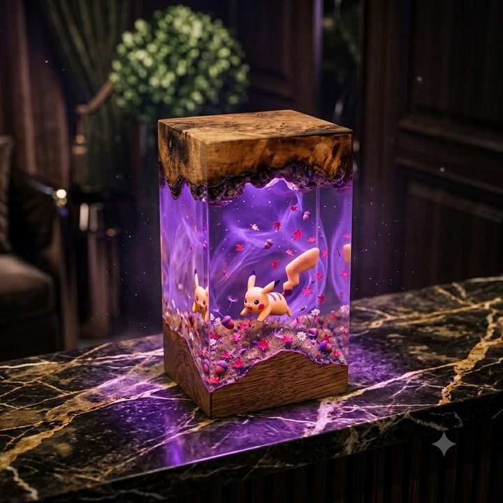 Plkachu Autumn Forest Resin Lamp – P0kemon Cute Electric Epoxy Night Light Tower, Handmade Wood Resin Art, P0kemon Gift For Her