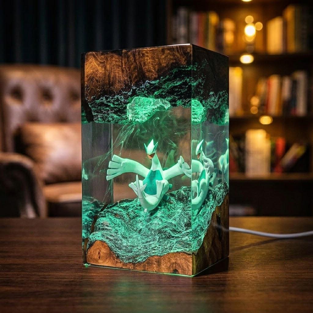 Lugla Legendary P0kemon Resin Lamp – Silver Wing Psychic Bird Epoxy Night Light Tower, Handmade Burl Wood Resin Art, P0kemon Gift