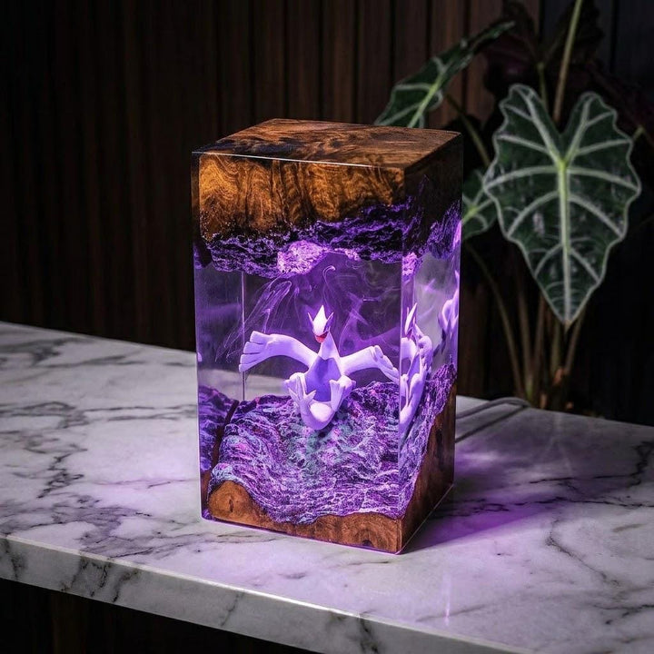 Lugla Legendary P0kemon Resin Lamp – Silver Wing Psychic Bird Epoxy Night Light Tower, Handmade Burl Wood Resin Art, P0kemon Gift