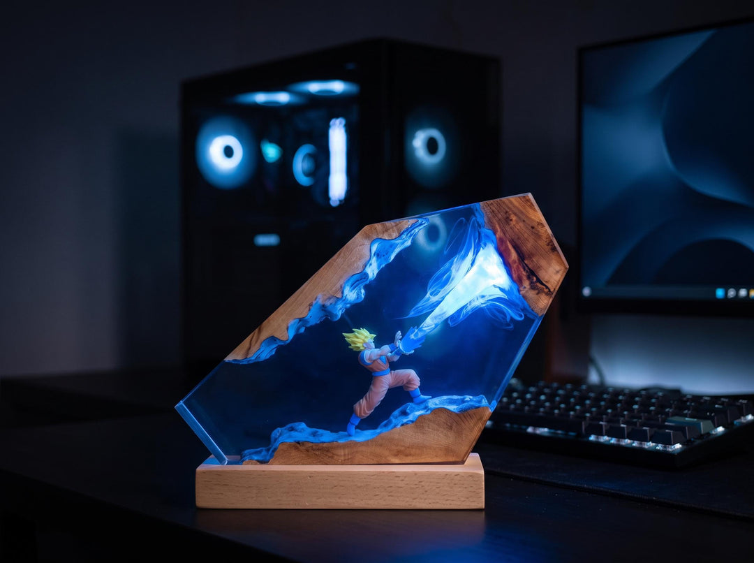 G0ku Super Saiyan Resin Lamp – Kamehameha Dr4gon Ball Epoxy Night Light, DBZ Handmade Wood LED Art, Anime Gaming Gift For Him