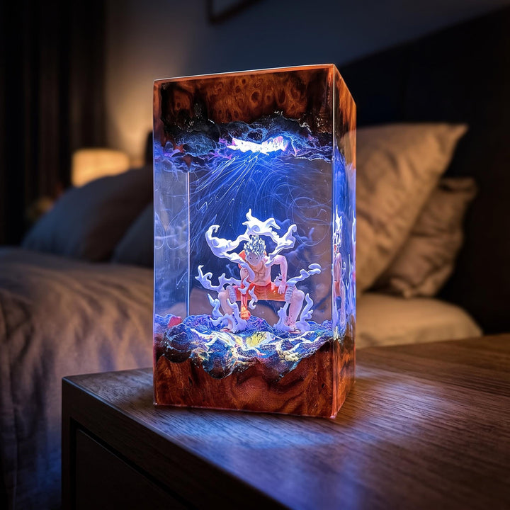1uffy Ge4r 5 Resin Lamp - Legendary Warrior Epoxy Night Light Tower, Handmade Burl Wood Resin Art, 0ne Piece Gift For Him