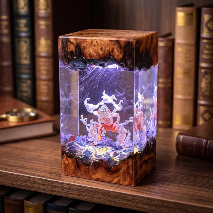 1uffy Ge4r 5 Resin Lamp - Legendary Warrior Epoxy Night Light Tower, Handmade Burl Wood Resin Art, 0ne Piece Gift For Him