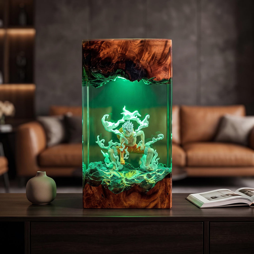 1uffy Ge4r 5 Resin Lamp - Legendary Warrior Epoxy Night Light Tower, Handmade Burl Wood Resin Art, 0ne Piece Gift For Him