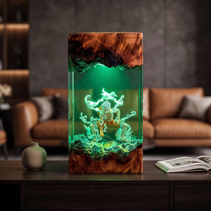 1uffy Ge4r 5 Resin Lamp - Legendary Warrior Epoxy Night Light Tower, Handmade Burl Wood Resin Art, 0ne Piece Gift For Him