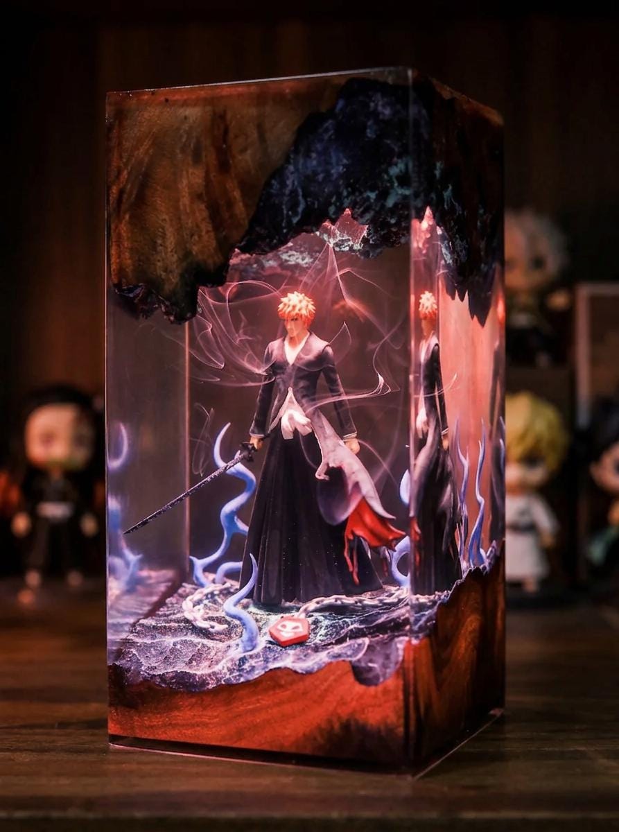Ichig0 Bl3ach Resin Lamp - Soul Reaper Epoxy Night Light Tower, Handmade Burl Wood Resin Art, Anime Gift For Him