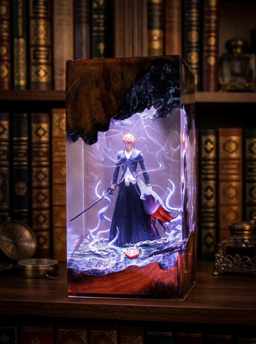 Ichig0 Bl3ach Resin Lamp - Soul Reaper Epoxy Night Light Tower, Handmade Burl Wood Resin Art, Anime Gift For Him