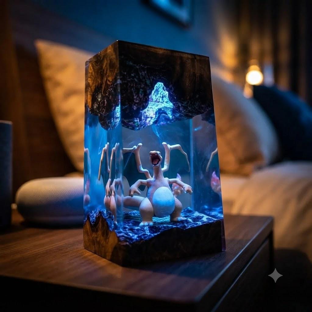 Plkachu Autumn Forest Resin Lamp – P0kemon Cute Electric Epoxy Night Light Tower, Handmade Wood Resin Art, P0kemon Gift For Her