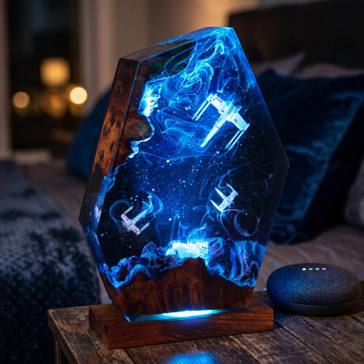 Millennium Falcon &amp;amp; X-Wing Resin Lamp – Star Wars Space Battle Epoxy Night Light, Handmade Wood LED Art, Sci-Fi Gaming Gift For Him