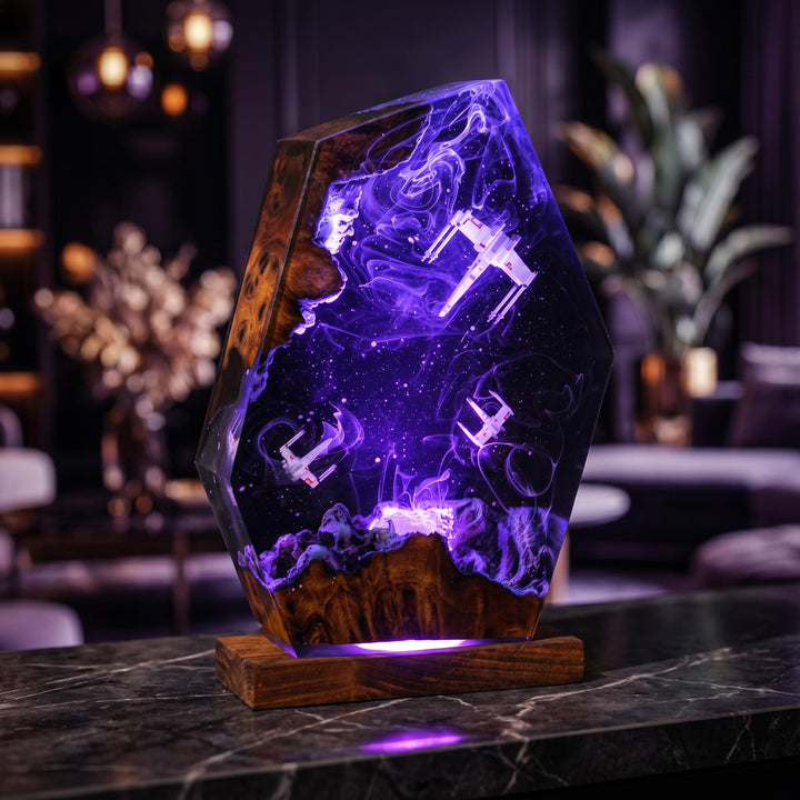 Millennium Falcon &amp;amp; X-Wing Resin Lamp – Star Wars Space Battle Epoxy Night Light, Handmade Wood LED Art, Sci-Fi Gaming Gift For Him