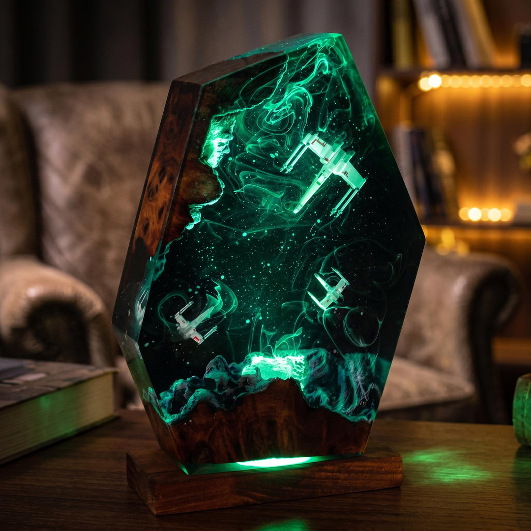 Millennium Falcon &amp;amp; X-Wing Resin Lamp – Star Wars Space Battle Epoxy Night Light, Handmade Wood LED Art, Sci-Fi Gaming Gift For Him