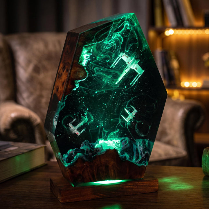 Millennium Falcon &amp;amp; X-Wing Resin Lamp – Star Wars Space Battle Epoxy Night Light, Handmade Wood LED Art, Sci-Fi Gaming Gift For Him