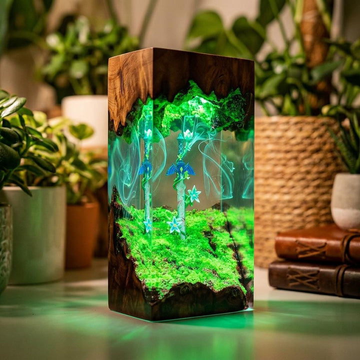 Master Sword Zelda Resin Lamp – Legendary Sword Mystic Forest Epoxy Night Light, Handmade Wood Resin Art, Zelda Gaming Gift