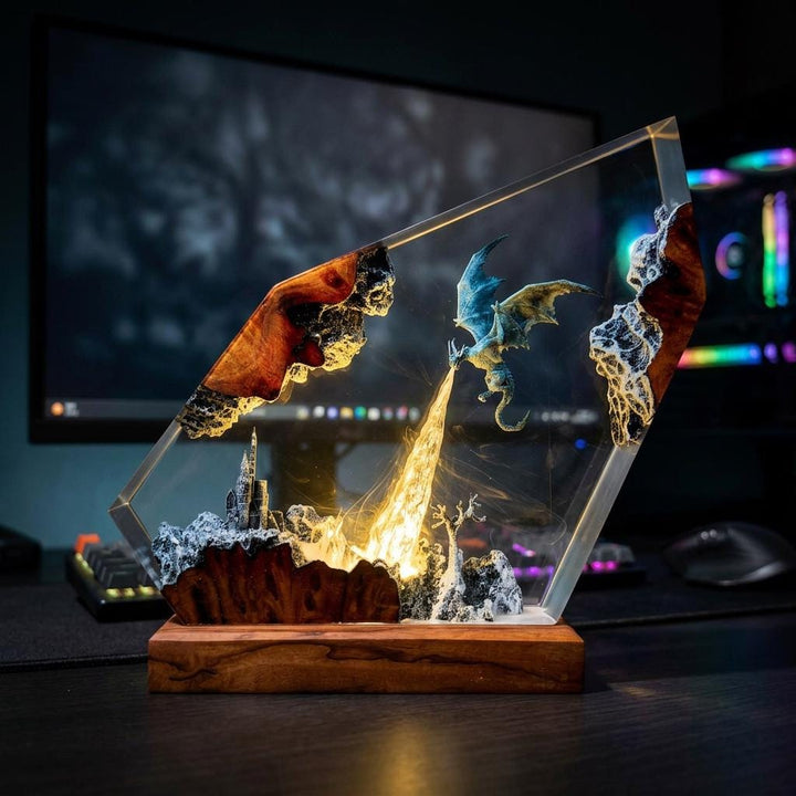 Drogon Resin Lamp – Game of Thrones Dragon Fire Epoxy Night Light, Daenerys Medieval Fantasy Handmade Wood LED Art, Gift For Him