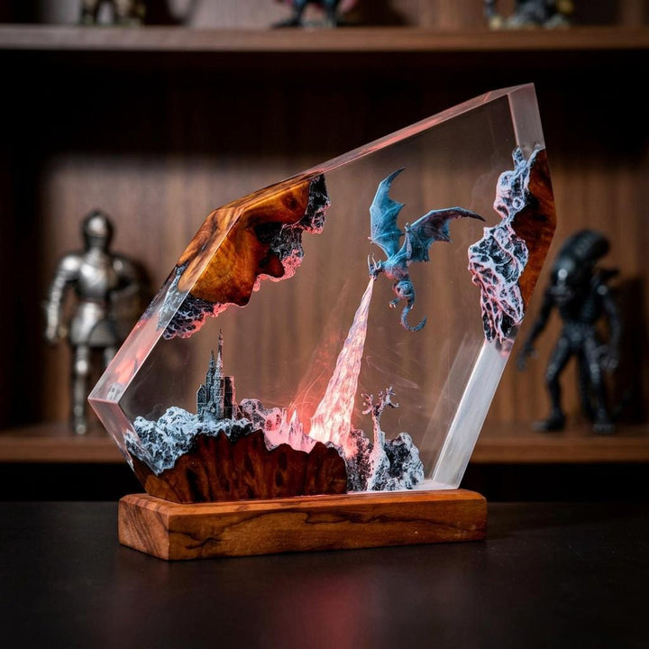 Drogon Resin Lamp – Game of Thrones Dragon Fire Epoxy Night Light, Daenerys Medieval Fantasy Handmade Wood LED Art, Gift For Him