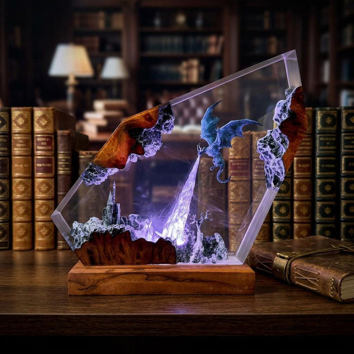 Drogon Resin Lamp – Game of Thrones Dragon Fire Epoxy Night Light, Daenerys Medieval Fantasy Handmade Wood LED Art, Gift For Him