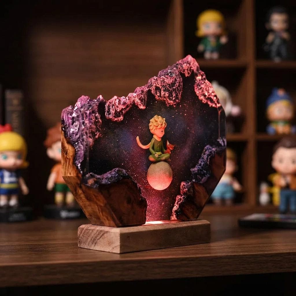 The Little Prince Resin Lamp, Little Prince Fox Starry Planet Epoxy Night Light, Handmade Wood Resin Art, Gift For Her