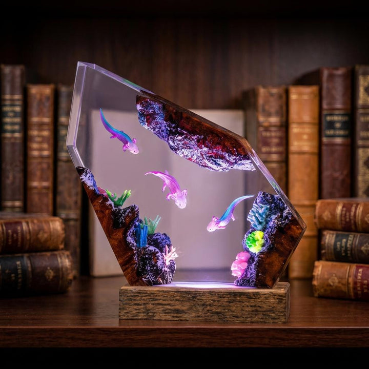 Axolotl Trio Resin Lamp – Coral Reef Ocean Epoxy Night Light, Handmade Wood Resin Art, Sea Creature Gift For Her