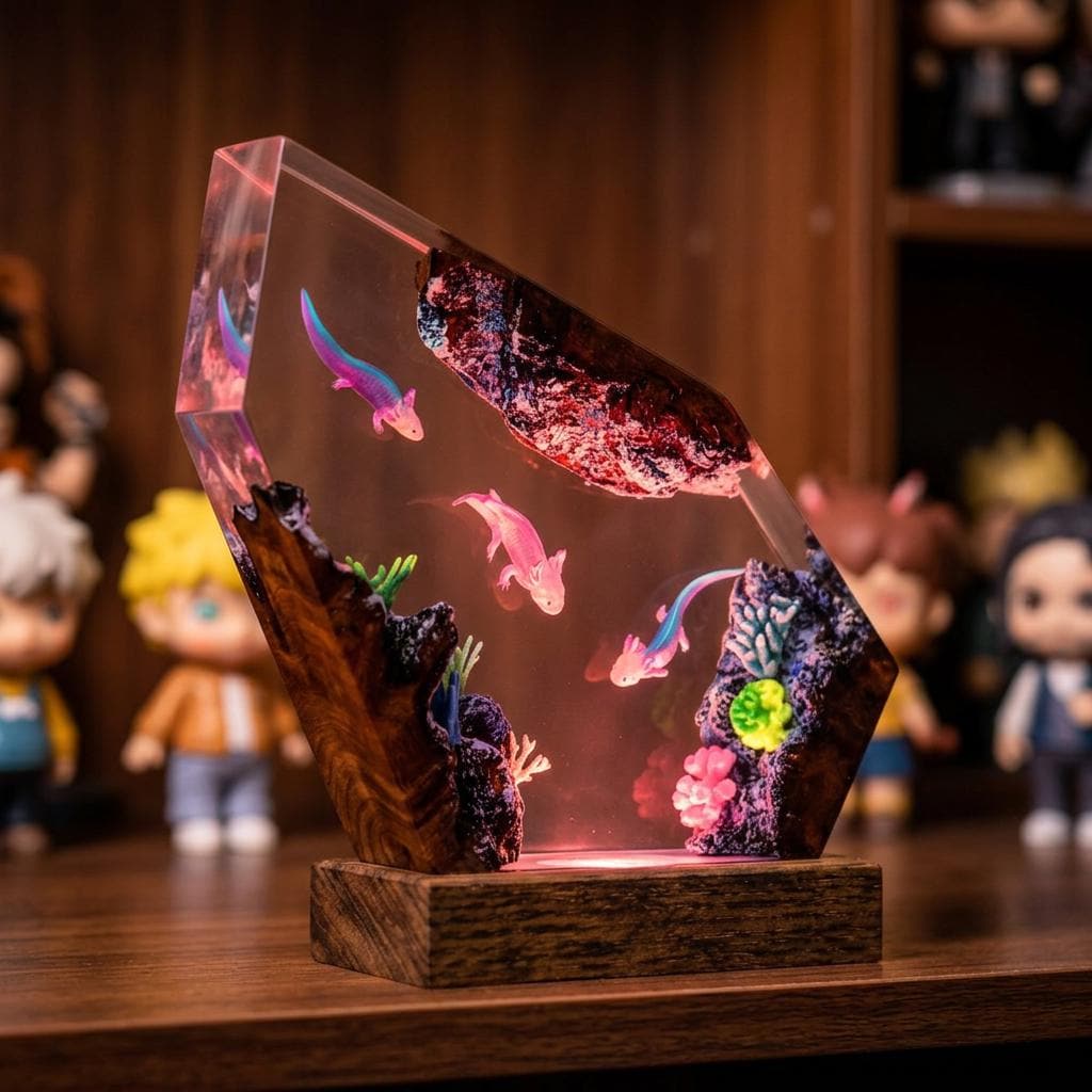 Axolotl Trio Resin Lamp – Coral Reef Ocean Epoxy Night Light, Handmade Wood Resin Art, Sea Creature Gift For Her