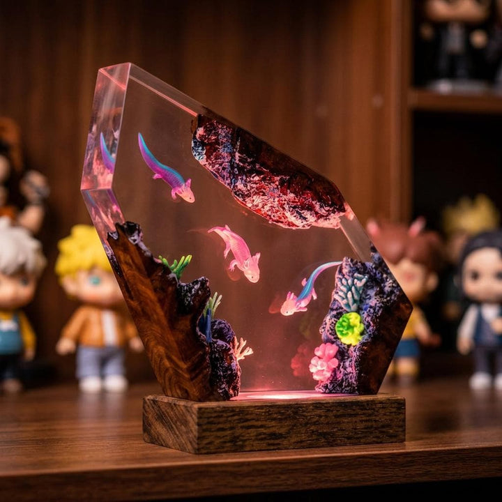 Axolotl Trio Resin Lamp – Coral Reef Ocean Epoxy Night Light, Handmade Wood Resin Art, Sea Creature Gift For Her