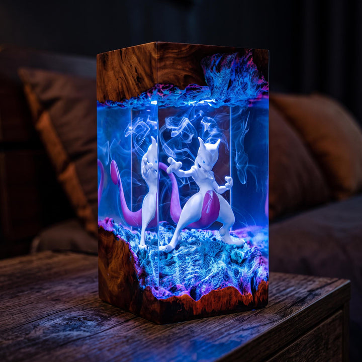 Mewt0w Resin Lamp – Psychic Legendary Creature Combat Pose Epoxy Night Light, Handmade Wood Resin Art, Anime Gaming Gift For Him