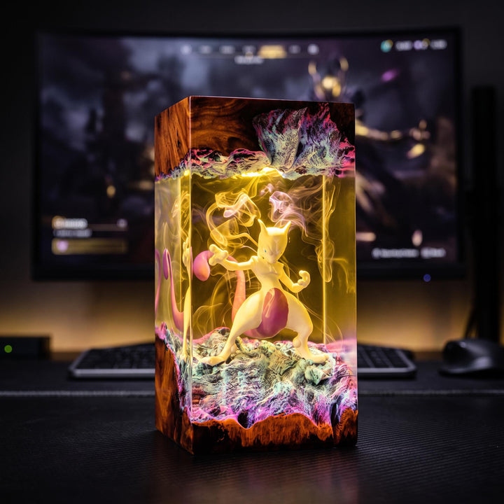 Mewt0w Resin Lamp – Psychic Legendary Creature Combat Pose Epoxy Night Light, Handmade Wood Resin Art, Anime Gaming Gift For Him