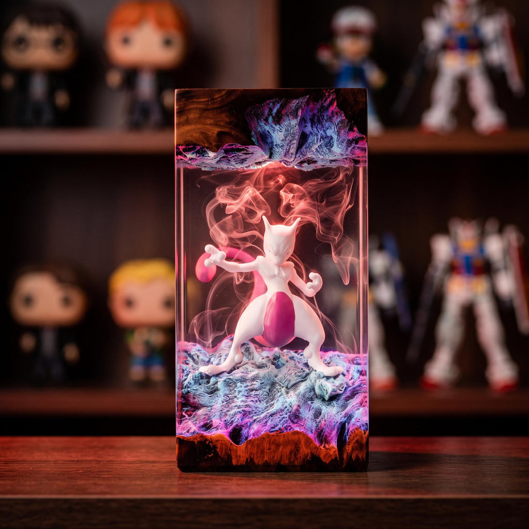 Mewt0w Resin Lamp – Psychic Legendary Creature Combat Pose Epoxy Night Light, Handmade Wood Resin Art, Anime Gaming Gift For Him
