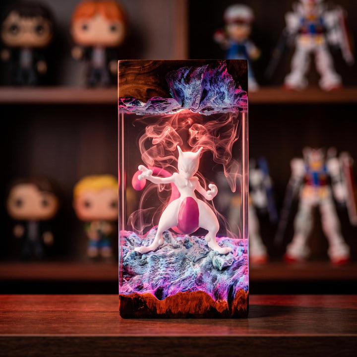 Mewt0w Resin Lamp – Psychic Legendary Creature Combat Pose Epoxy Night Light, Handmade Wood Resin Art, Anime Gaming Gift For Him