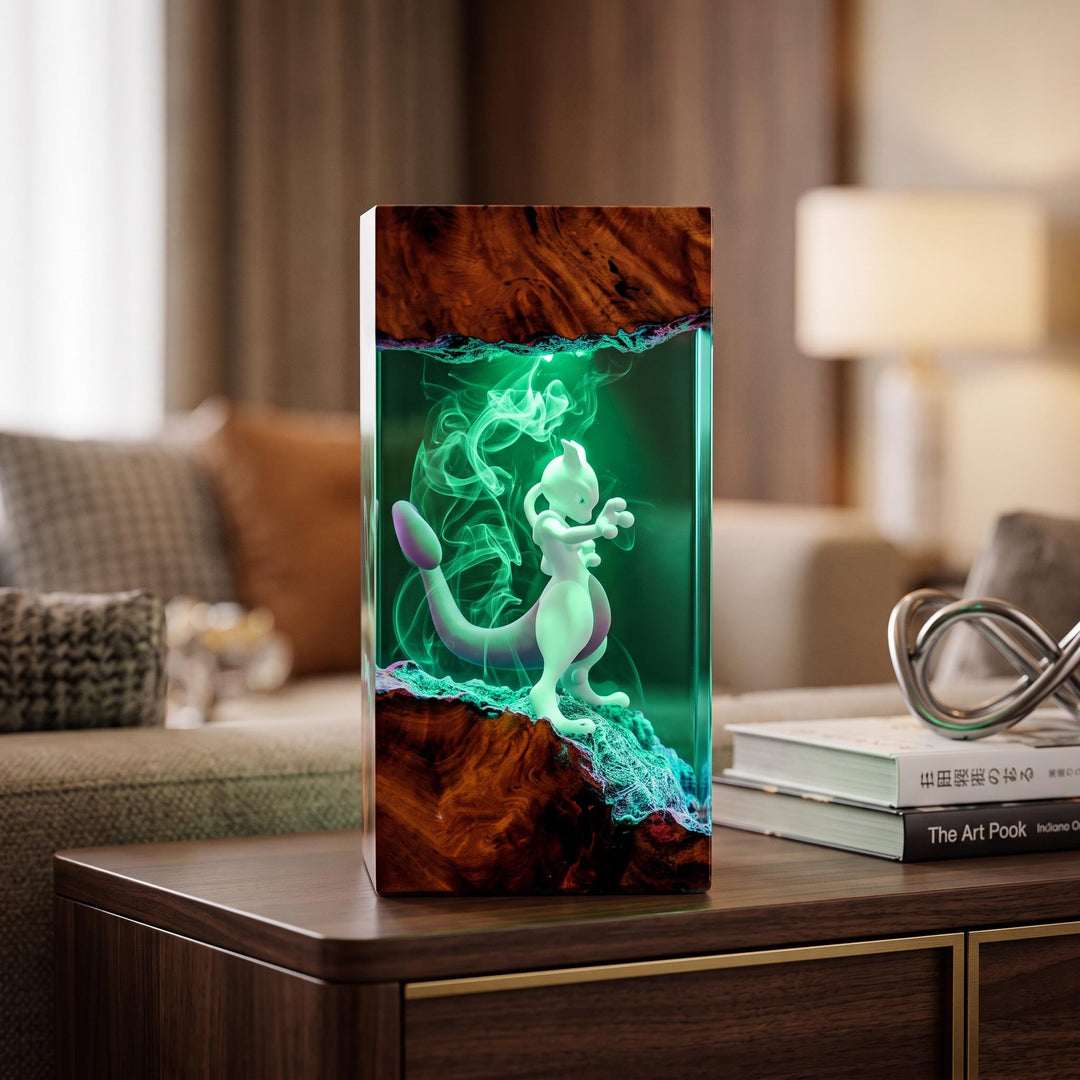 Mewt0w Resin Lamp – Psychic Legendary Creature Combat Pose Epoxy Night Light, Handmade Wood Resin Art, Anime Gaming Gift For Him